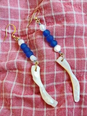 Handmade Mother Of Pearl, Pearls, And Cobalt Glass Earrings